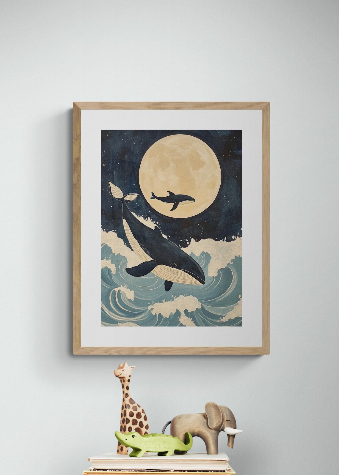 Moonlight Whales Mother Baby Full Moon Ocean Waves Nursery Wall Art Poster