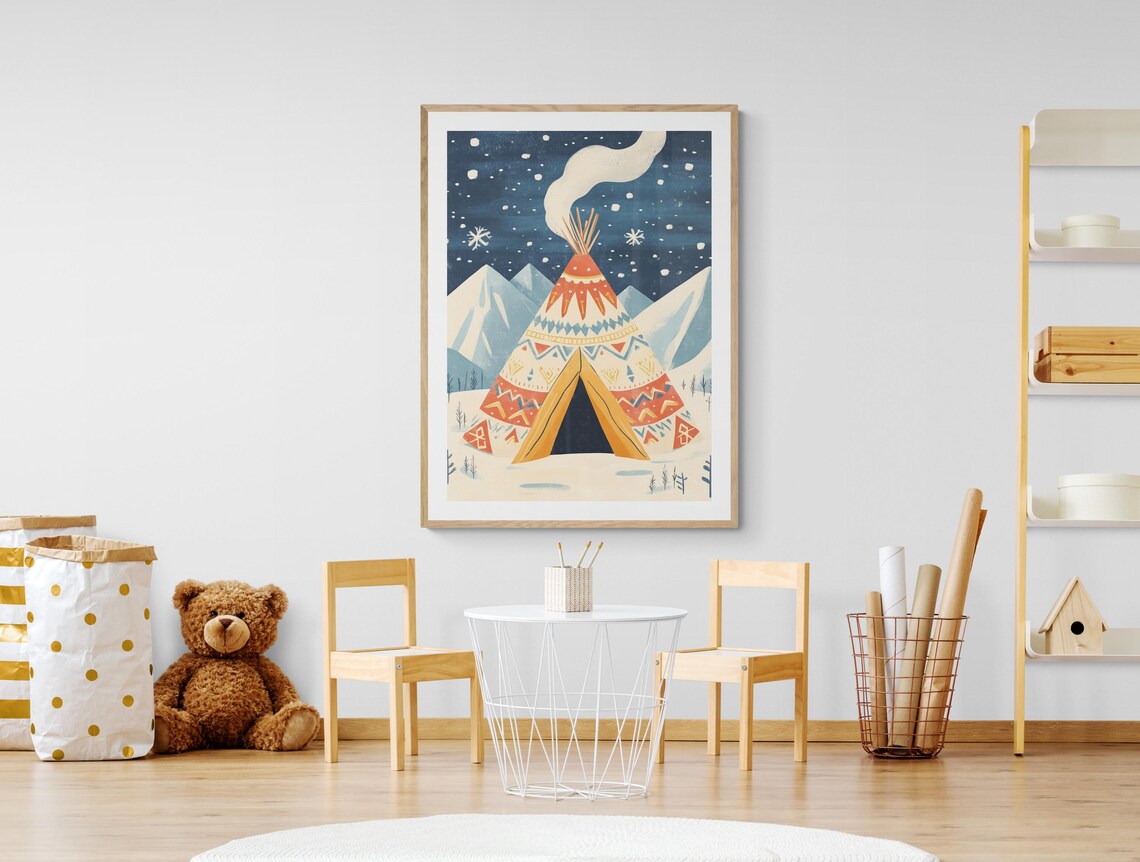 Sami Lavvu Nordic Winter Tent Snowy Mountains Night Sky Art Poster - Image 4