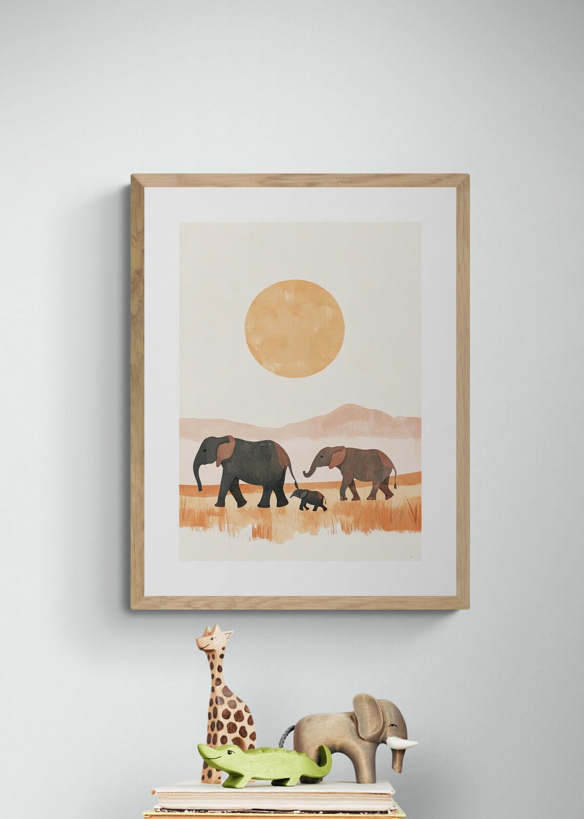 Elephant Dawn Stroll Boho Savanna Sunrise Minimalist Nursery Wall Art Print