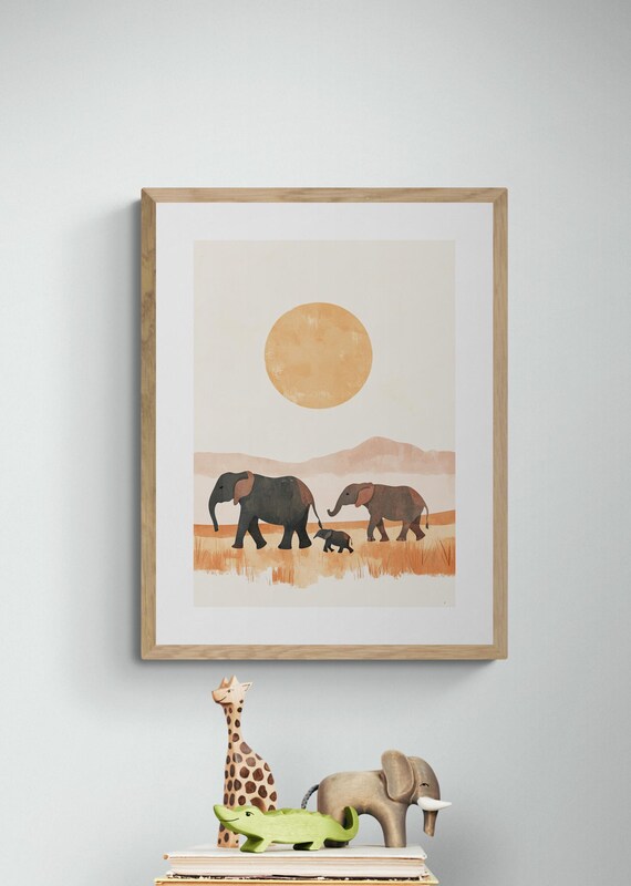 Elephant Dawn Stroll Boho Savanna Sunrise Minimalist Nursery Wall Art Print