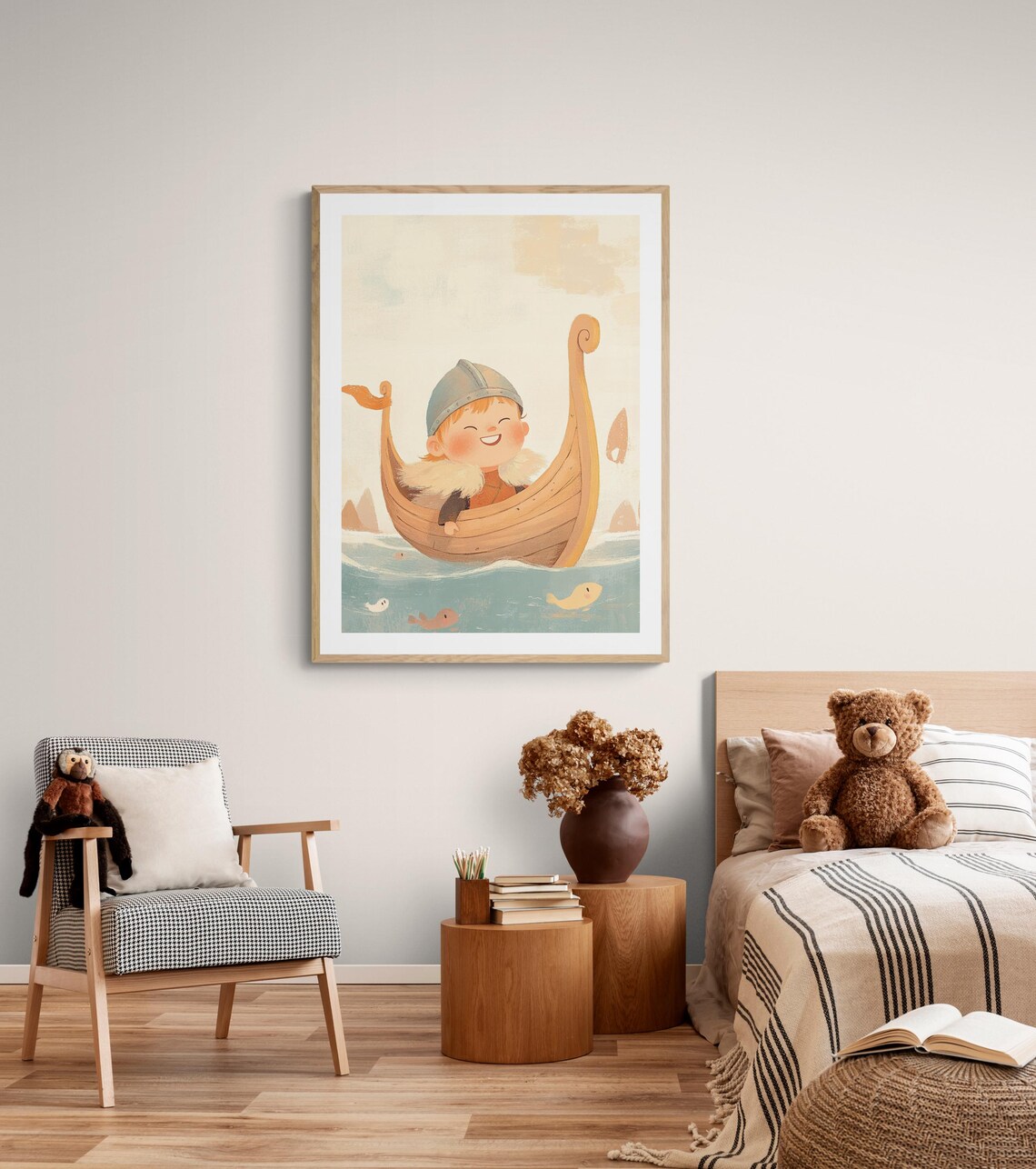 Playful Viking Child Sailing Wooden Drakkar Cute Nordic Kids Art Print - Image 4