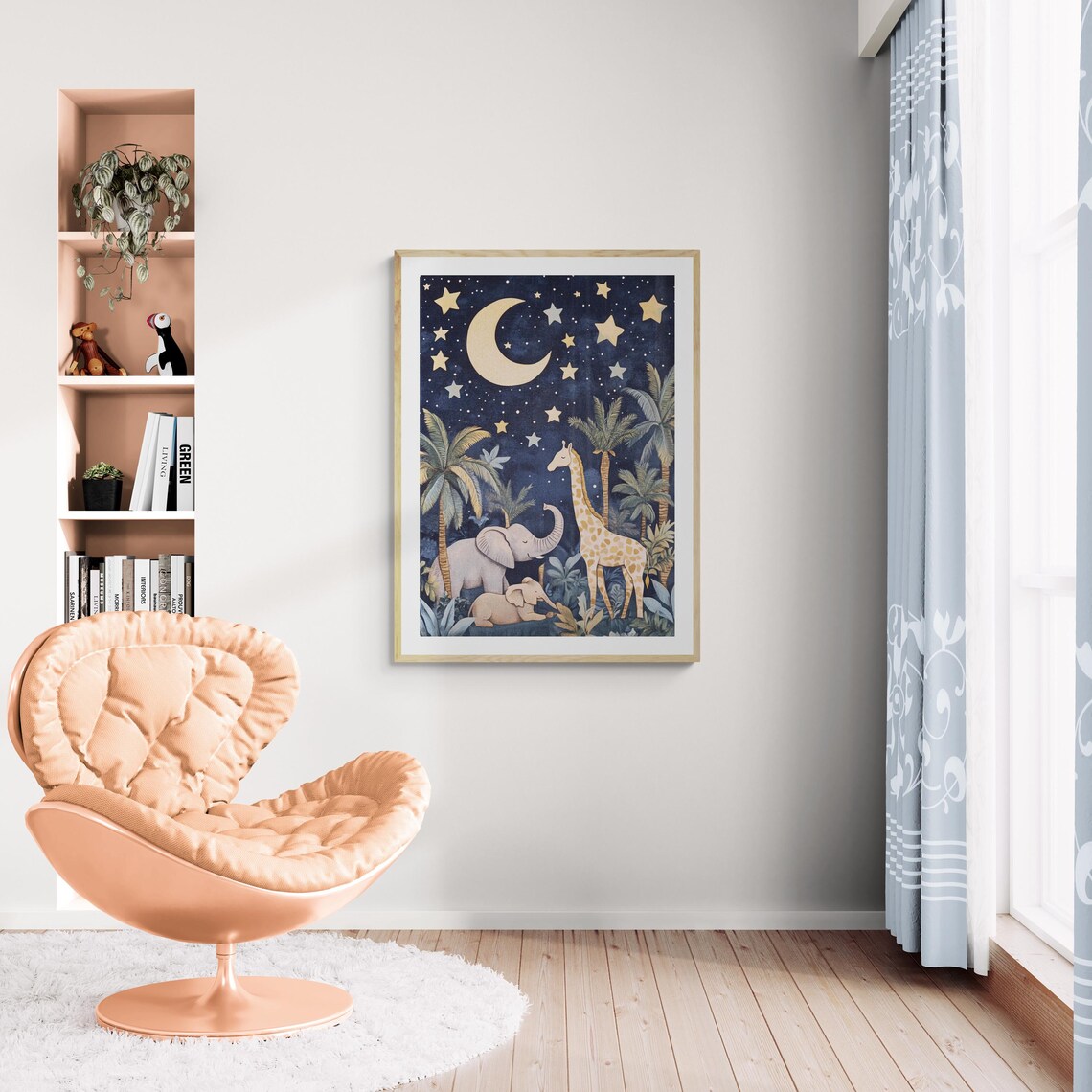 Starry Night Safari Elephants Giraffe Crescent Moon Nursery Wall Art Print - Image 3