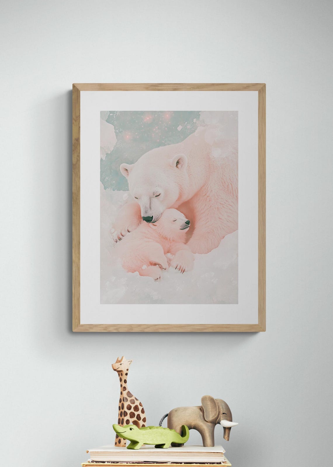 Polar Bear Mother And Baby Cozy Arctic Blush Nursery Wall Art Poster