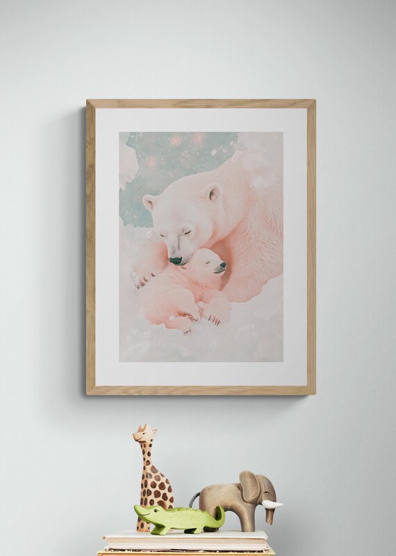 Polar Bear Mother And Baby Cozy Arctic Blush Nursery Wall Art Poster