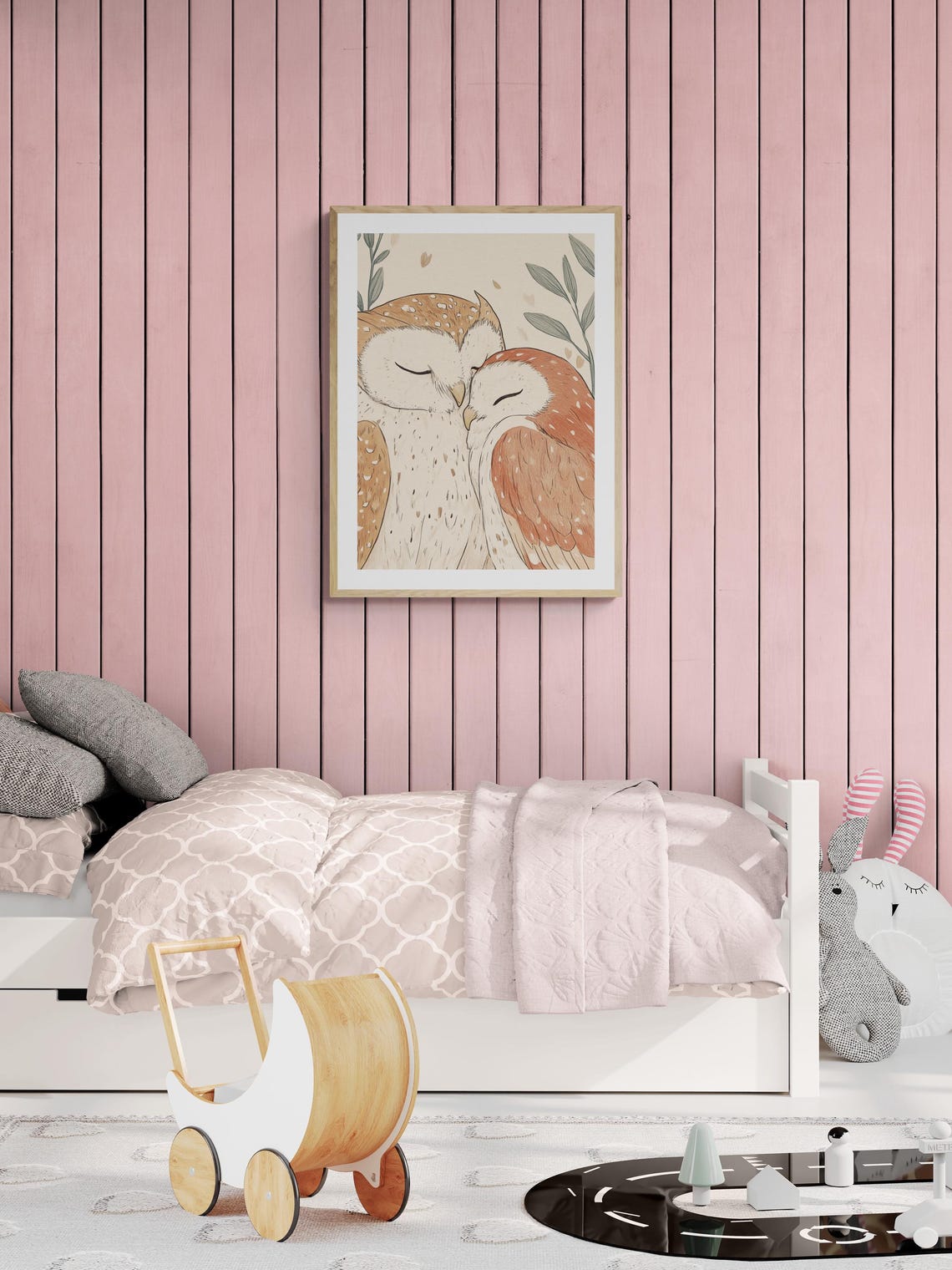 Cuddling Owls Sleeping Pair Warm Brown Cozy Nursery Wall Art Poster - Image 2