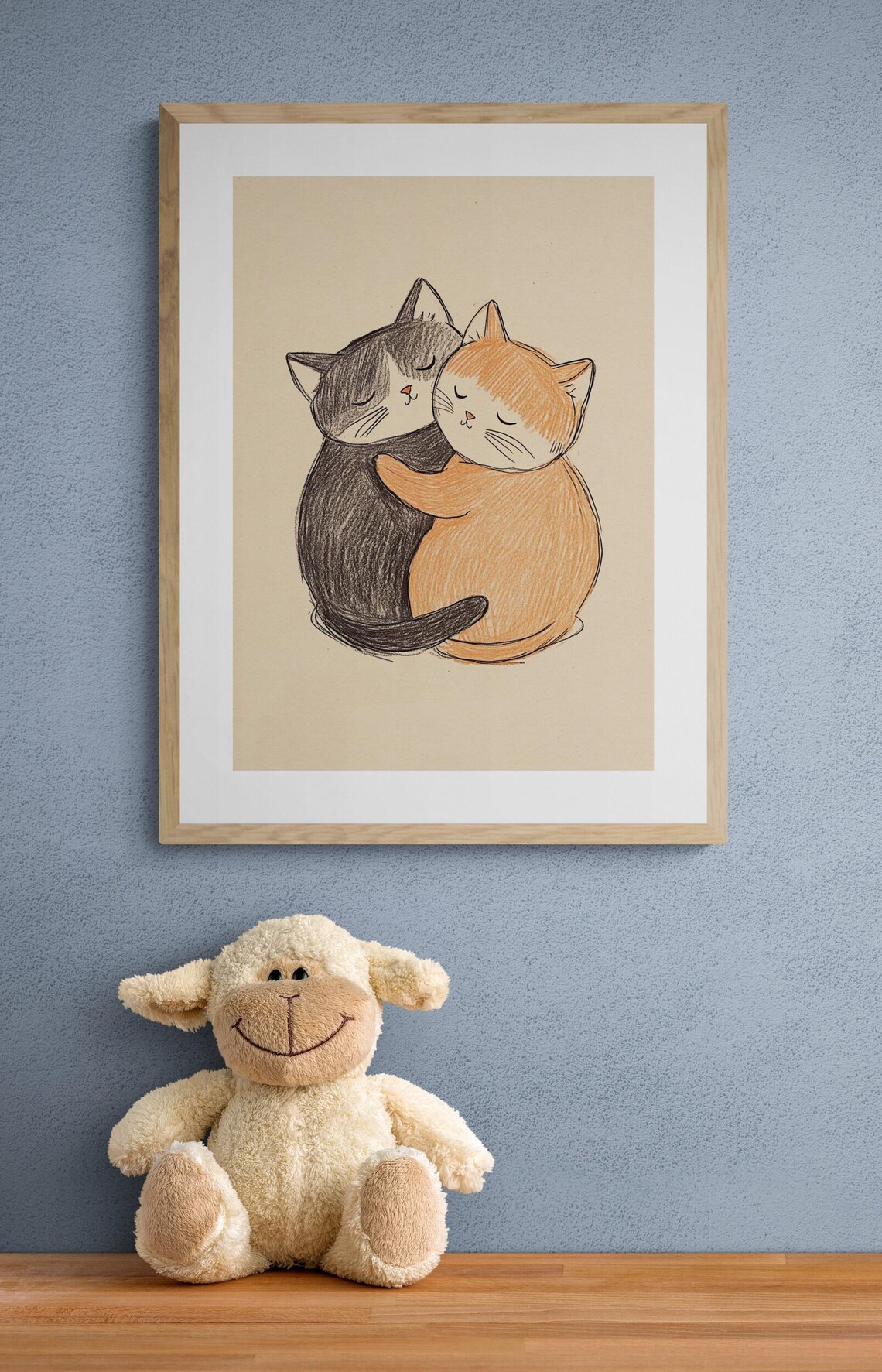 Two Cats Hugging Sweet Embrace Colored Pencil Cozy Nursery Wall Art Print