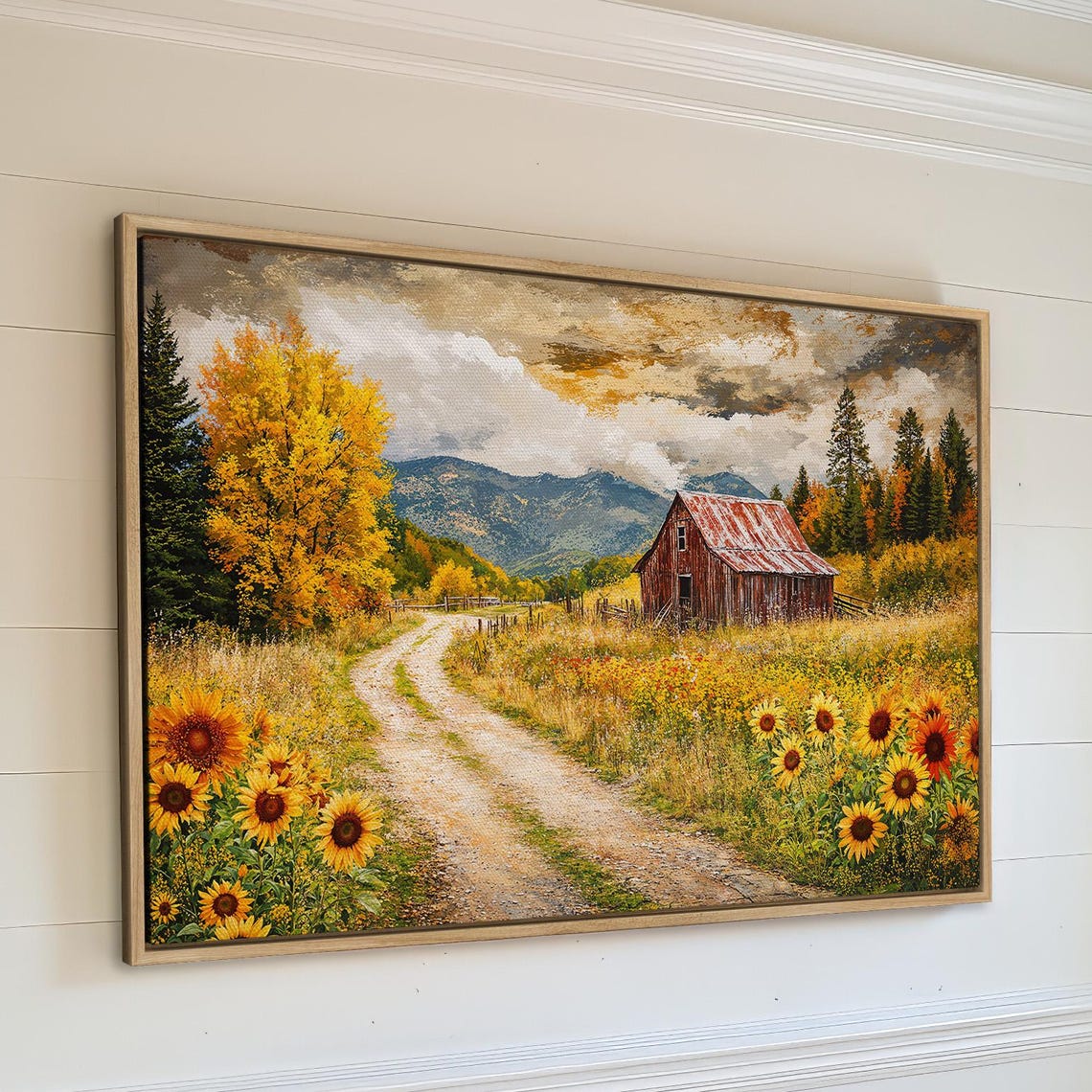 Autumn Barn Sunflower Field Country Road Vintage Landscape Poster