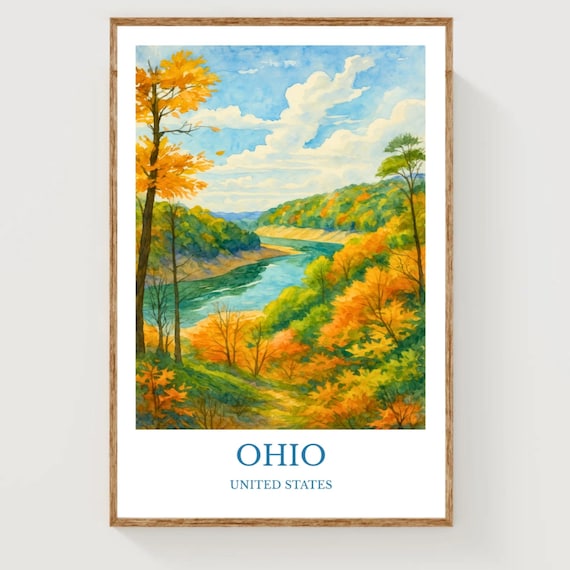 Ohio Autumn River Valley Fall Foliage Watercolor Landscape Travel Poster