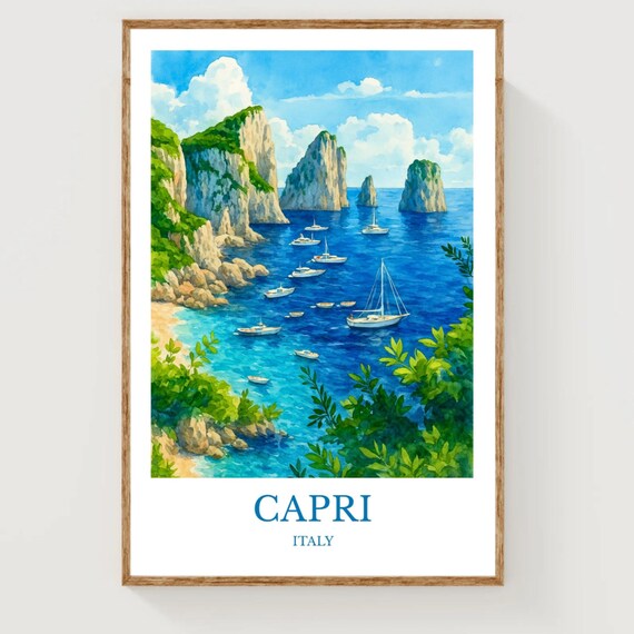 Capri Italy Faraglioni Sea Stacks Sailboats Watercolor Travel Poster