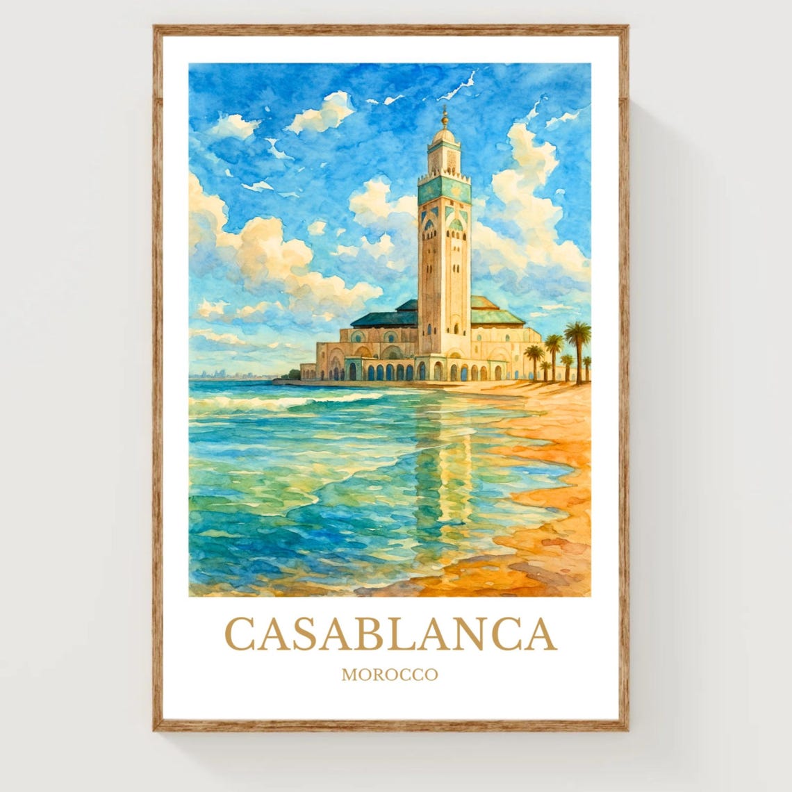 Casablanca Morocco Hassan II Mosque Ocean Waterfront Watercolor Poster