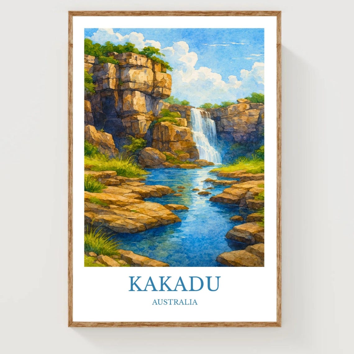 Kakadu Australia Waterfall Watercolor Travel Poster Nature Decor