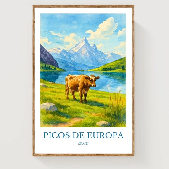 Picos de Europa Spain Alpine Lake Cow Watercolor Travel Poster