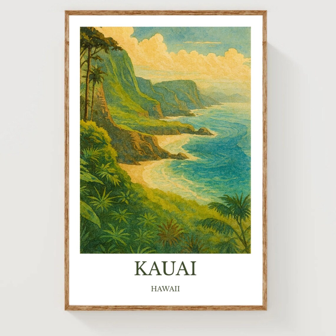Kauai Hawaii Lush Sea Cliffs Watercolor Coastline Travel Poster