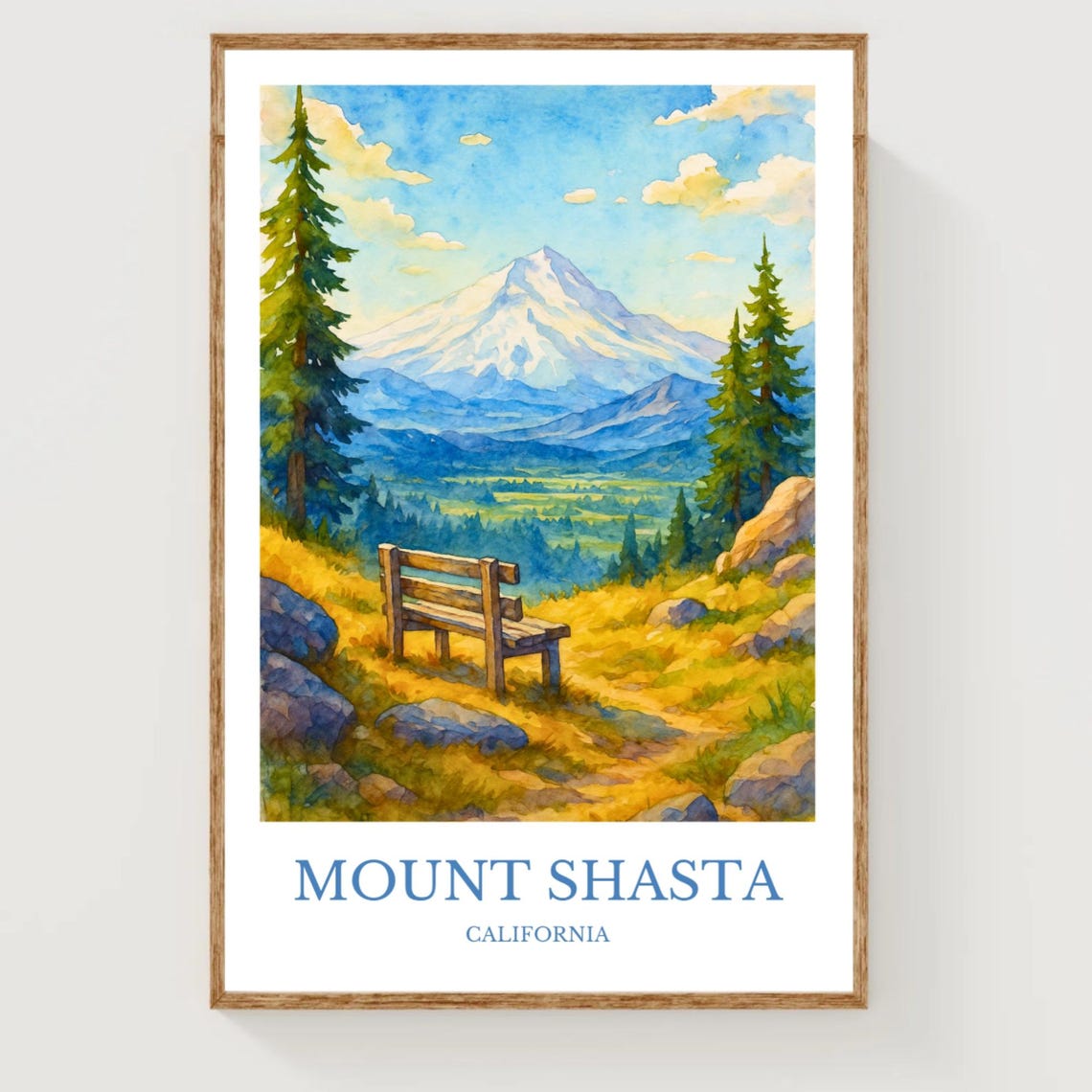 Mount Shasta California Watercolor Poster Mountain View Peak Art