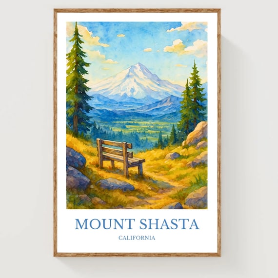 Mount Shasta California Watercolor Poster Mountain View Peak Art