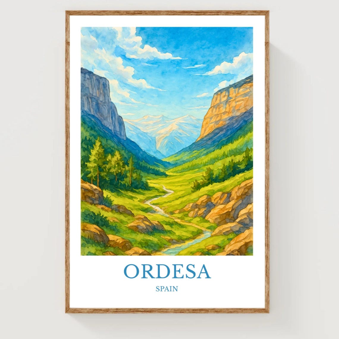 Ordesa Spain Mountain Valley Watercolor Pyrenees Travel Poster