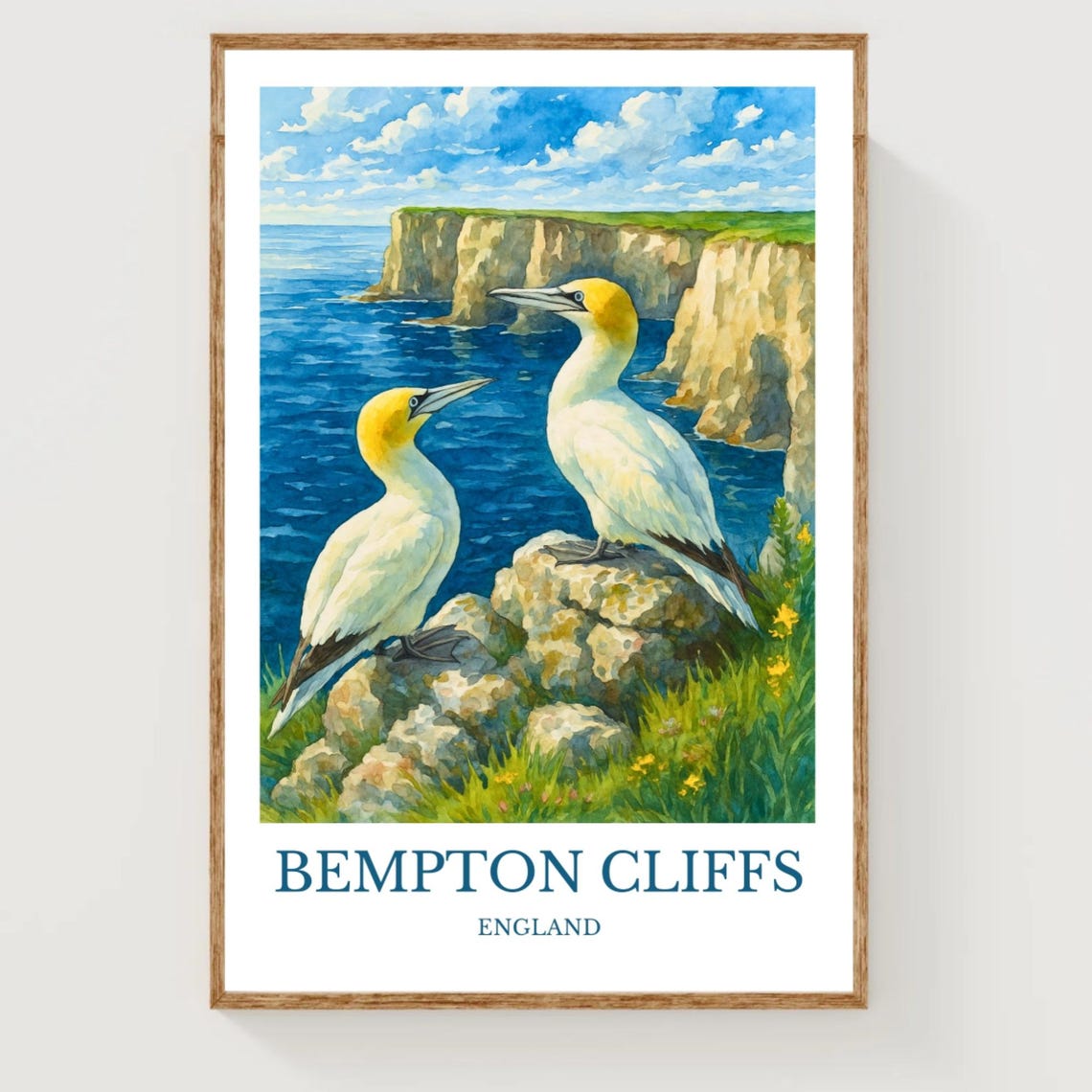 Bempton Cliffs England Gannets Seabirds Watercolor Travel Poster