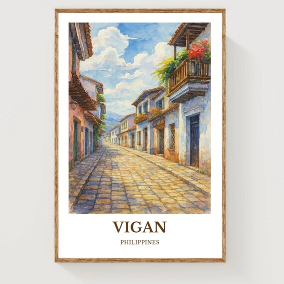 Vigan Philippines Old Colonial Street Watercolor Travel Poster