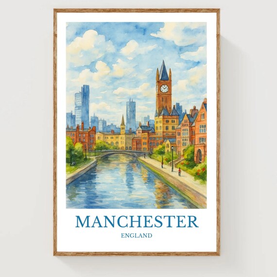 Manchester England Clock Tower Canal Watercolor British City Travel Wall Art