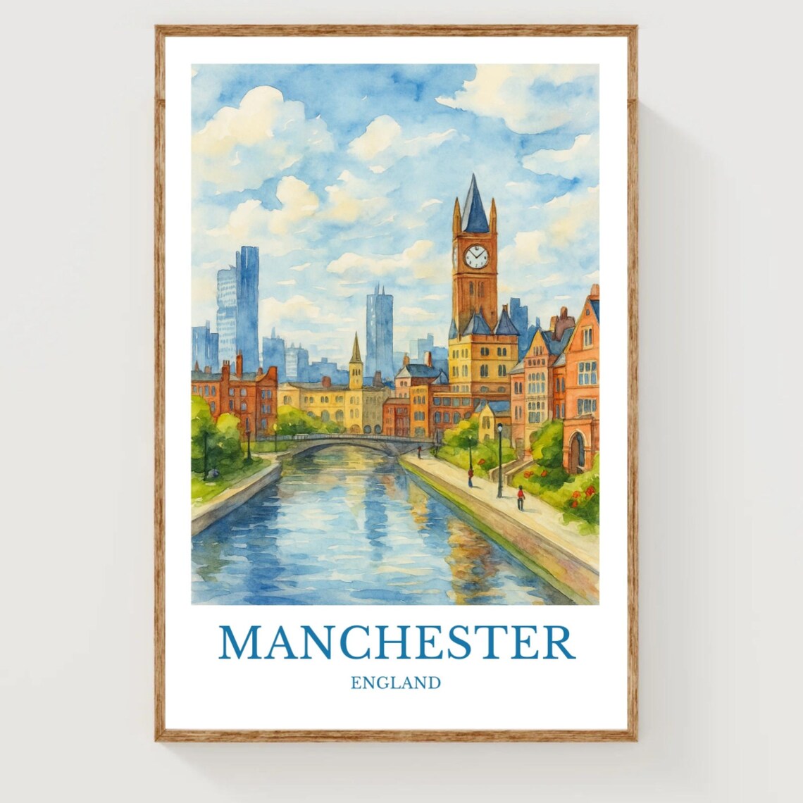 Manchester England Clock Tower Canal Watercolor British City Travel Wall Art