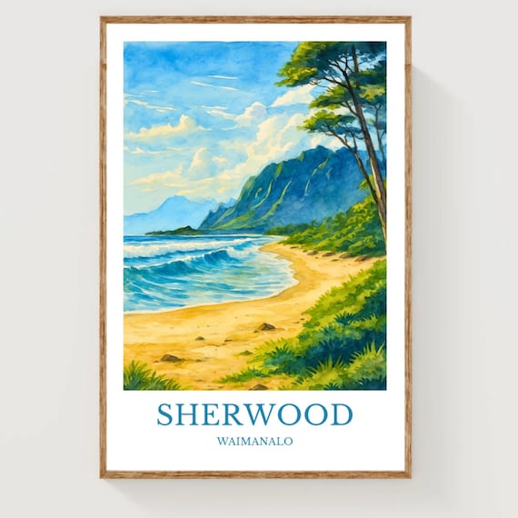 Sherwood Waimanalo Hawaii Beach Mountain Watercolor Travel Poster