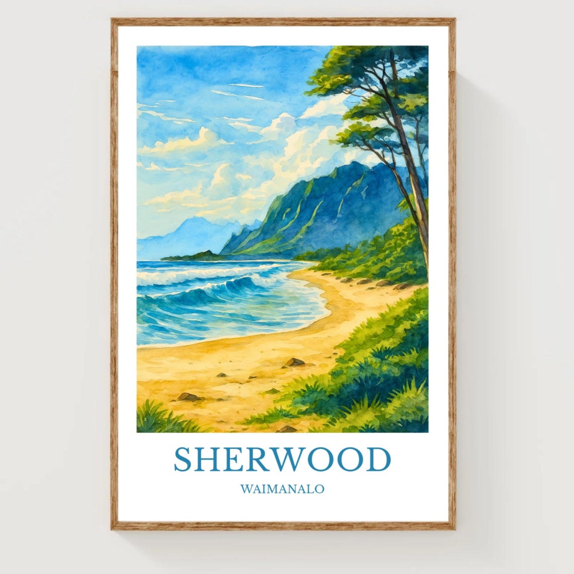 Sherwood Waimanalo Hawaii Beach Mountain Watercolor Travel Poster
