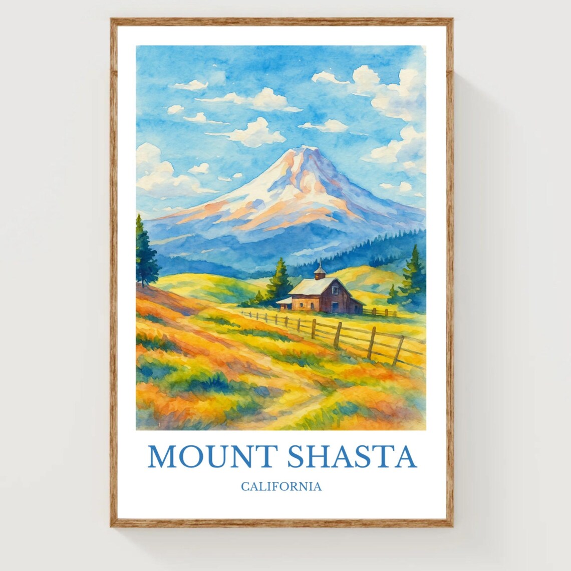 Mount Shasta California Watercolor Travel Poster with Barn Meadow
