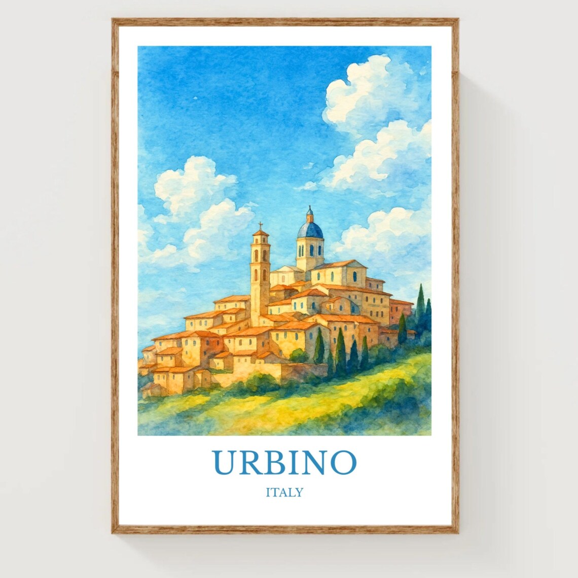 Urbino Italy Hilltop Old Town Watercolor Travel Poster Europe