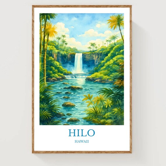 Hilo Hawaii Waterfall Tropical Rainforest Watercolor Travel Poster