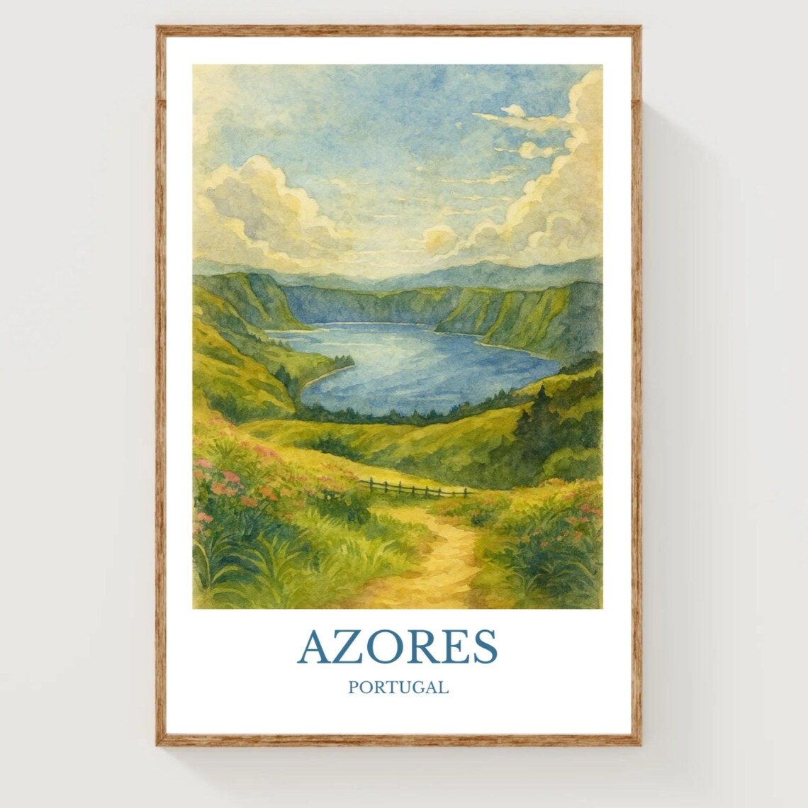 Azores Portugal Crater Lake Green Hills Watercolor Travel Poster