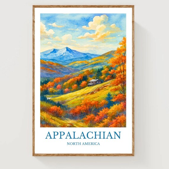 Appalachian North America Autumn Valley Watercolor Travel Poster