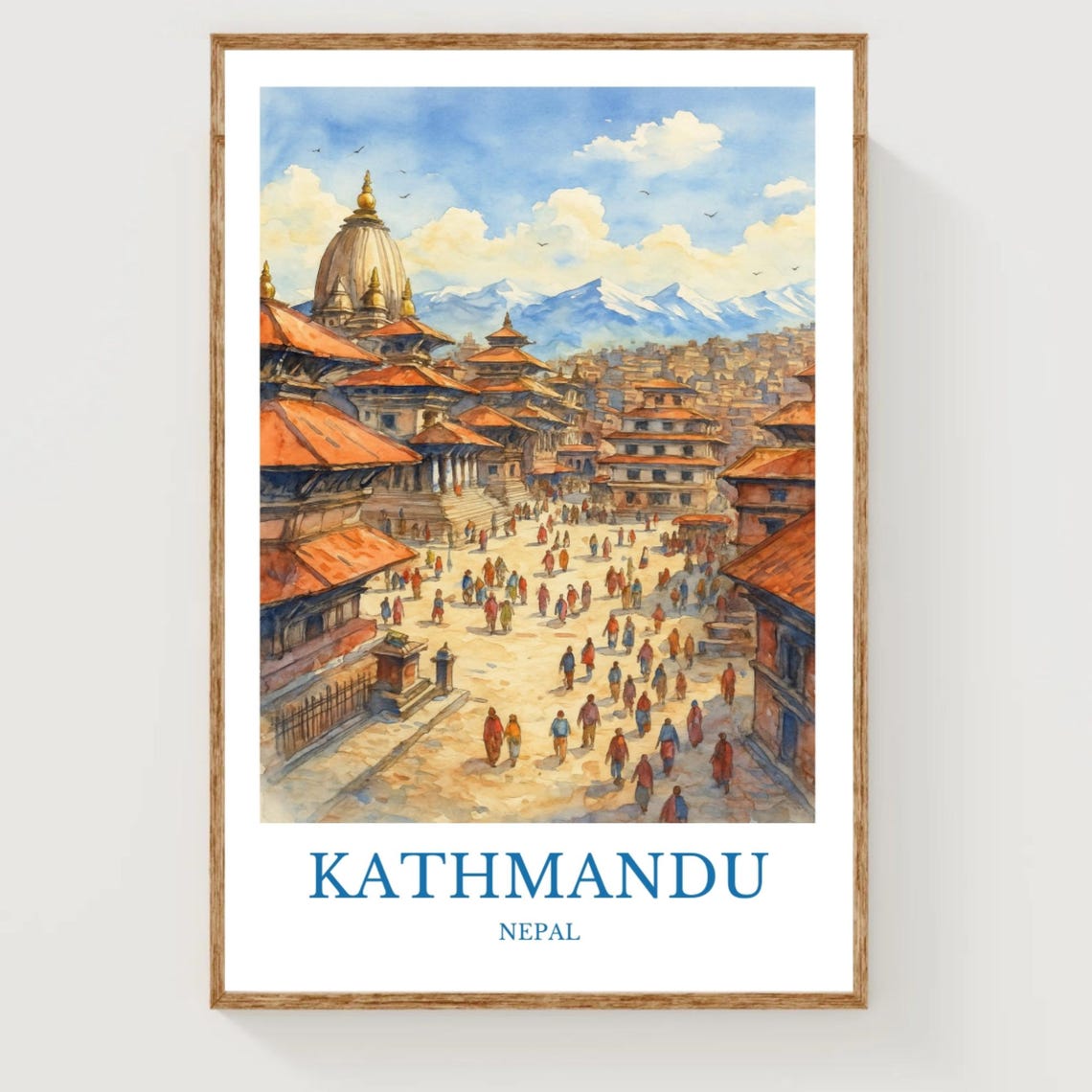 Kathmandu Nepal Temple Square Bustling Street Watercolor Print