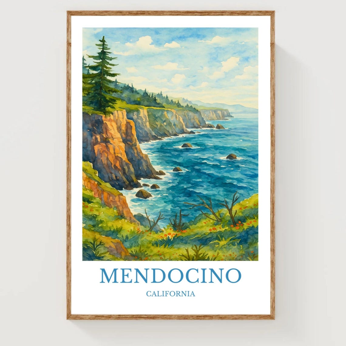 Mendocino California Ocean Cliffs Watercolor Coastal Travel Poster