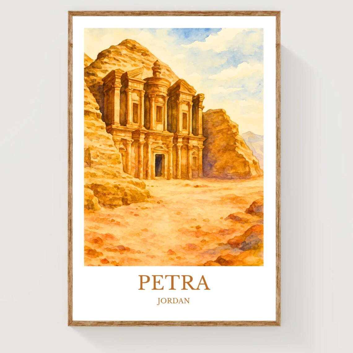 Petra Jordan Travel Poster Ancient Treasury Watercolor Landmark Scene