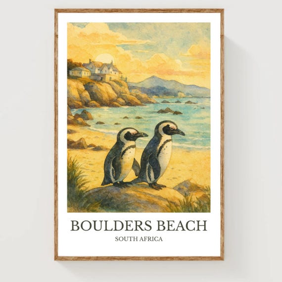 Boulders Beach Watercolor Design Poster South Africa Print Wall Art