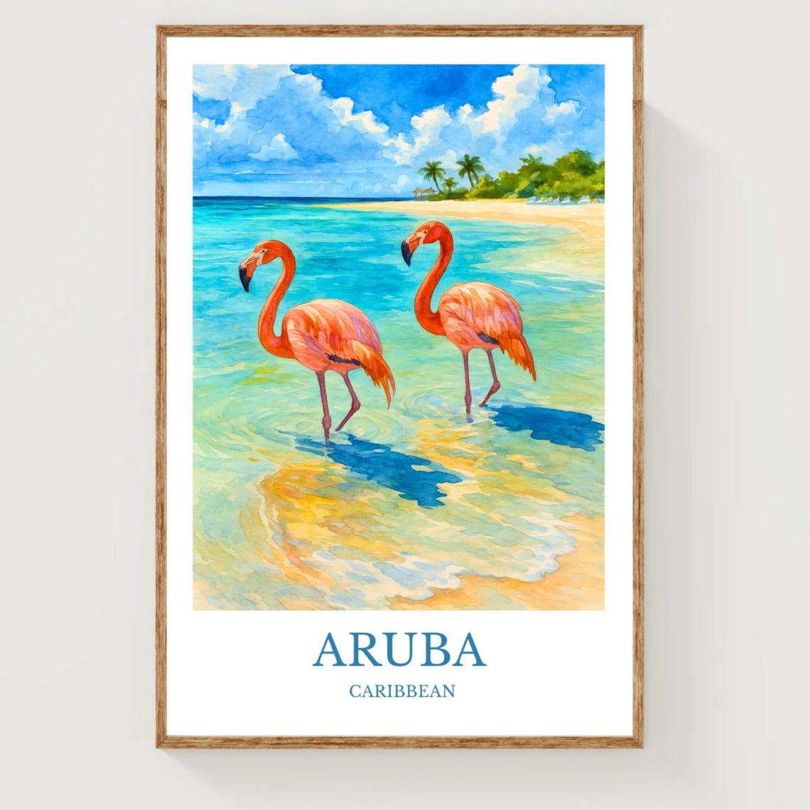 Aruba Caribbean Flamingos On Tropical Beach Watercolor Travel Poster
