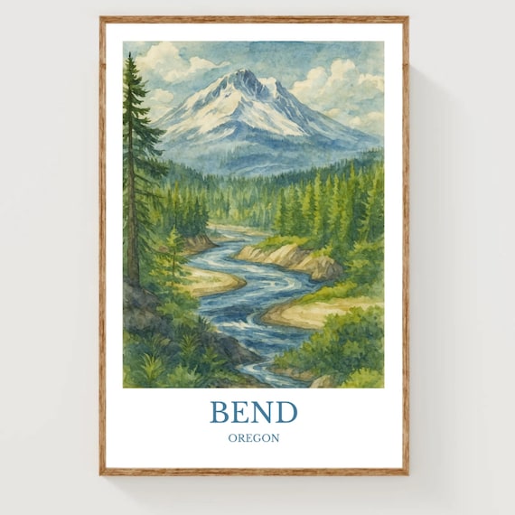 Bend Oregon Winding Blue River Snowy Cascade Peak Travel Poster