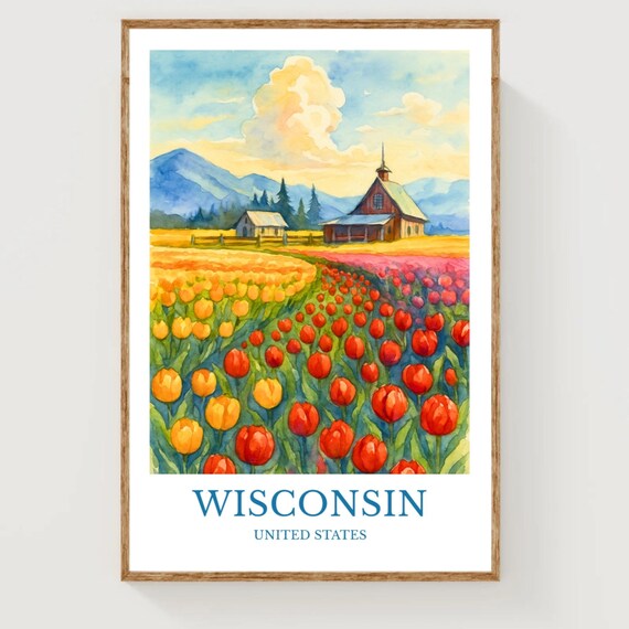 Wisconsin Tulip Fields Barn Mountain Watercolor Travel Poster