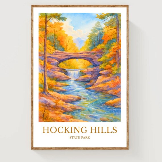 Hocking Hills State Park Waterfall Stone Arch Autumn Watercolor Poster