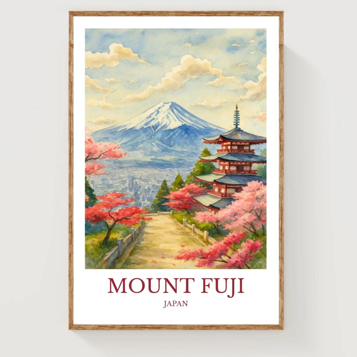 Mount Fuji Japan Cherry Blossom Pagoda Watercolor Travel Poster