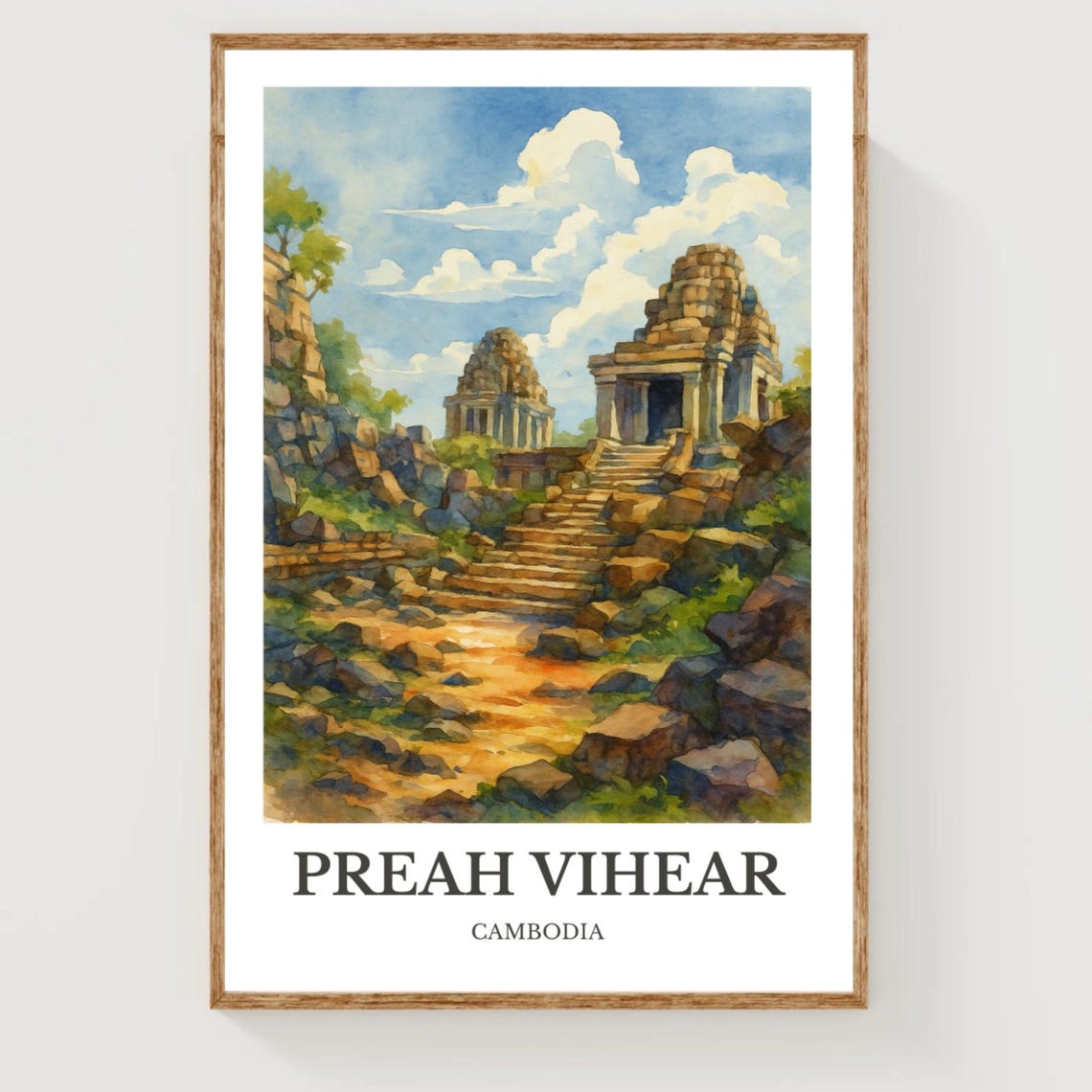 Preah Vihear Cambodia Ancient Temple Ruins Watercolor Poster