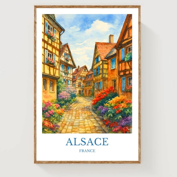 Alsace France Watercolor Travel Poster with Half Timbered Street