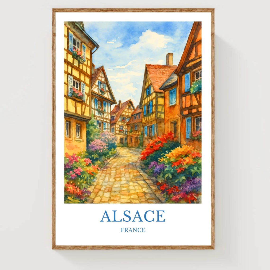 Alsace France Watercolor Travel Poster with Half Timbered Street
