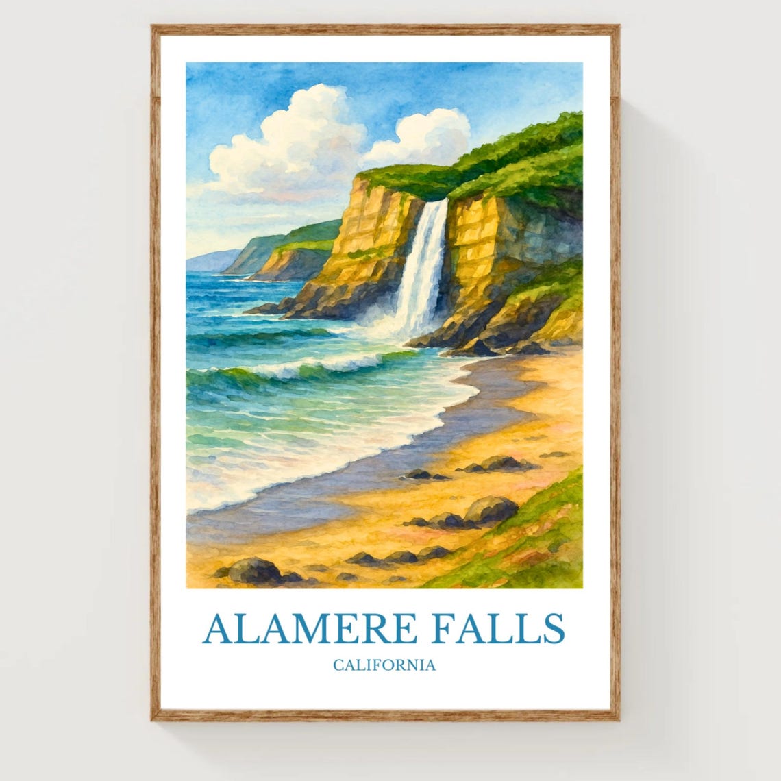 Alamere Falls California Waterfall Beach Watercolor Travel Poster