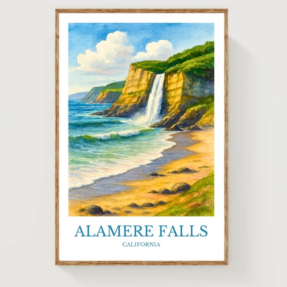 Alamere Falls California Waterfall Beach Watercolor Travel Poster