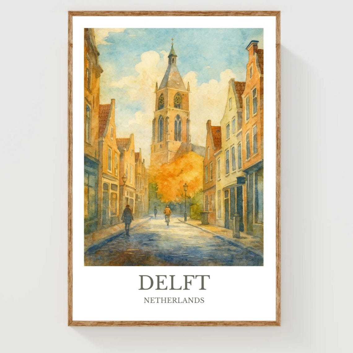Delft Netherlands Cobblestone Street Clock Tower Watercolor Poster
