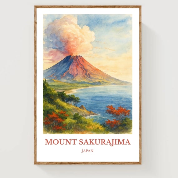 Mount Sakurajima Japan Volcano Watercolor Coastal Travel Poster