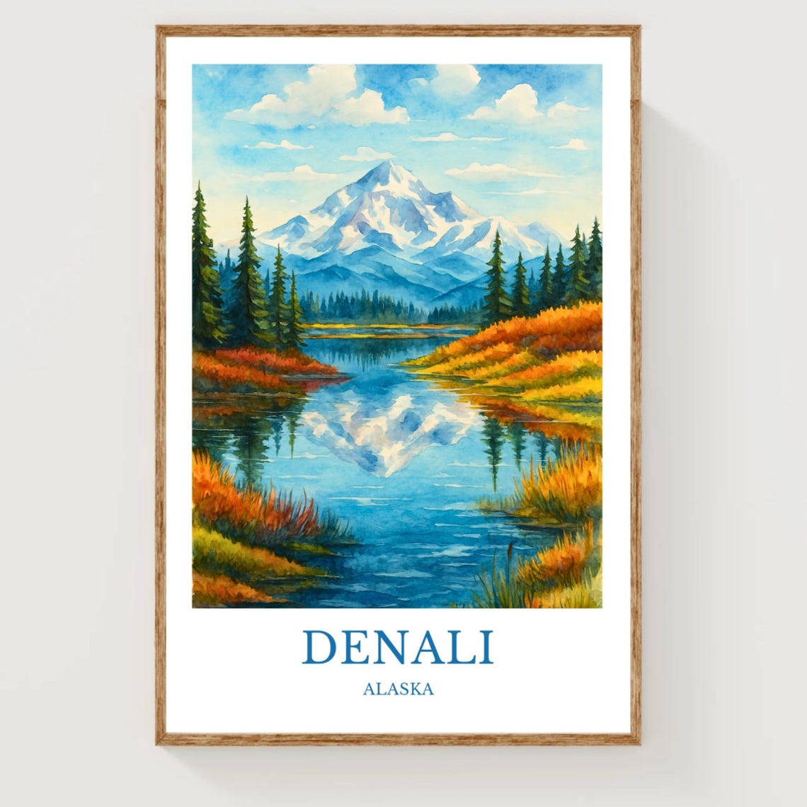 Denali Alaska Watercolor Snow Peak Lake Reflection Mountain Poster