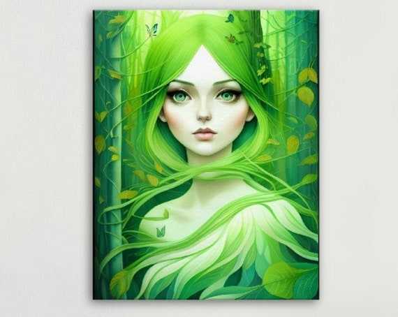 Green Forest Goddess Wall Art Print Beauty Portrait Woman Wall Art