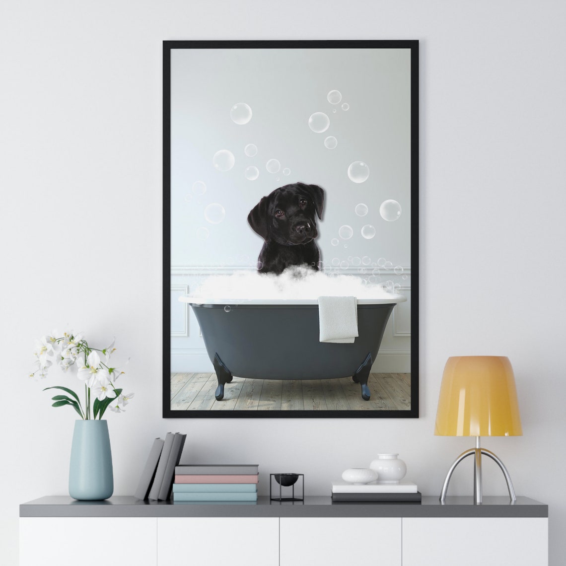 Cute Black Labrador Puppy Enjoying a Bubble Bath Bathroom Poster - Image 2